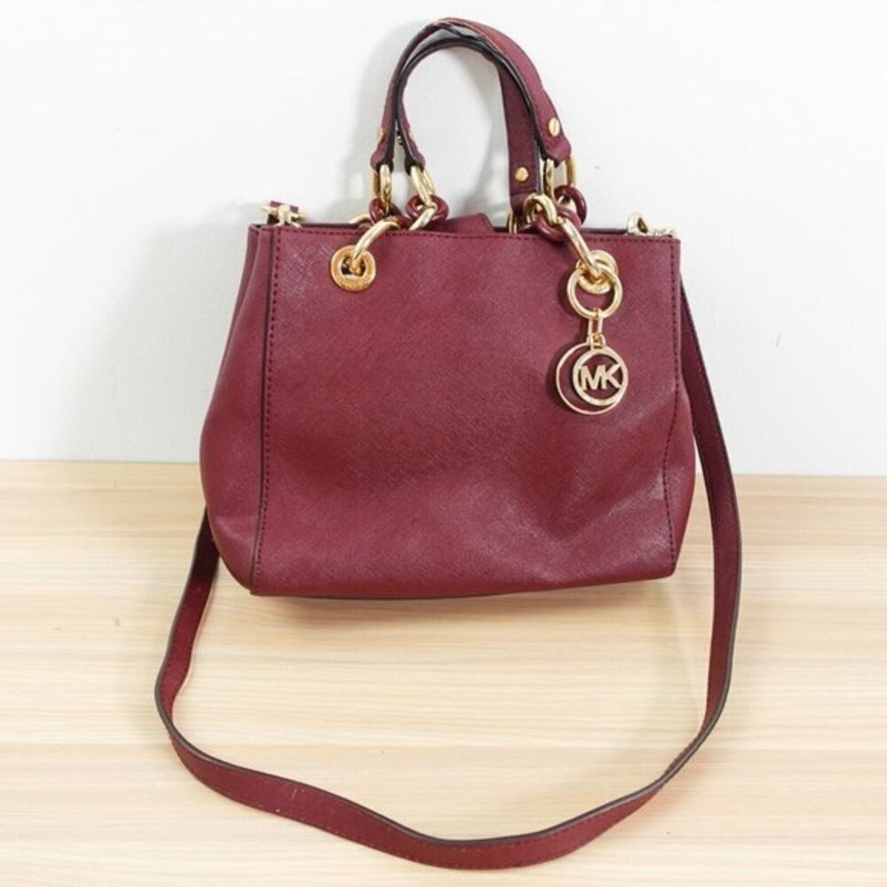 MICHAEL KORS Burgundy Satchel Bag Red Saffiano Leather Old Money Crossbody 2 Way